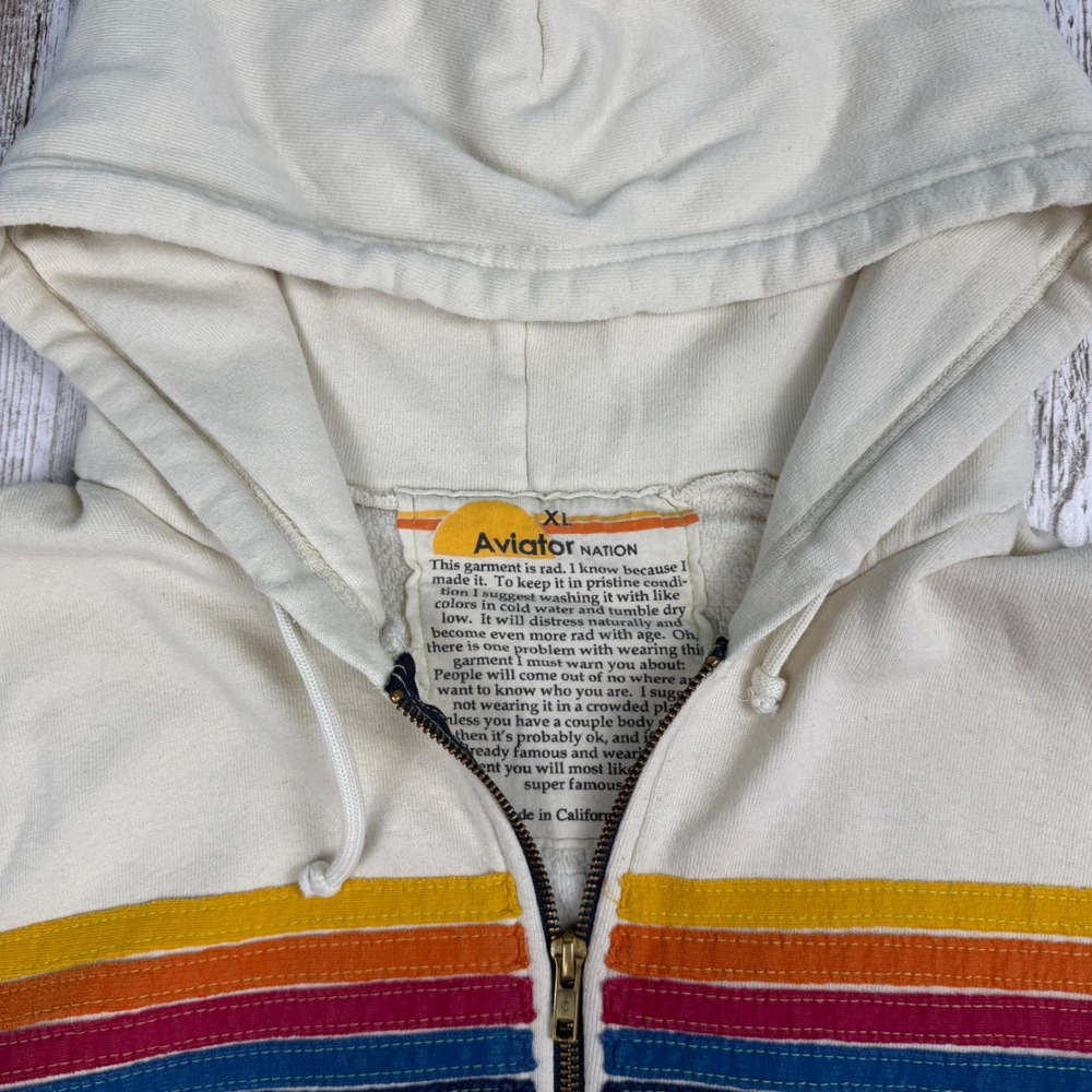 Aviator Nation 5-Stripe Rainbow Zip Up Hoodie Cream White XL Unisex Sweatshirt - Picture 3 of 11